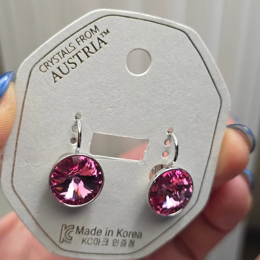 NEW Rose MedPink SwarovskiElements Crystal LeverbackEarrings13mmPlatinum Plated!